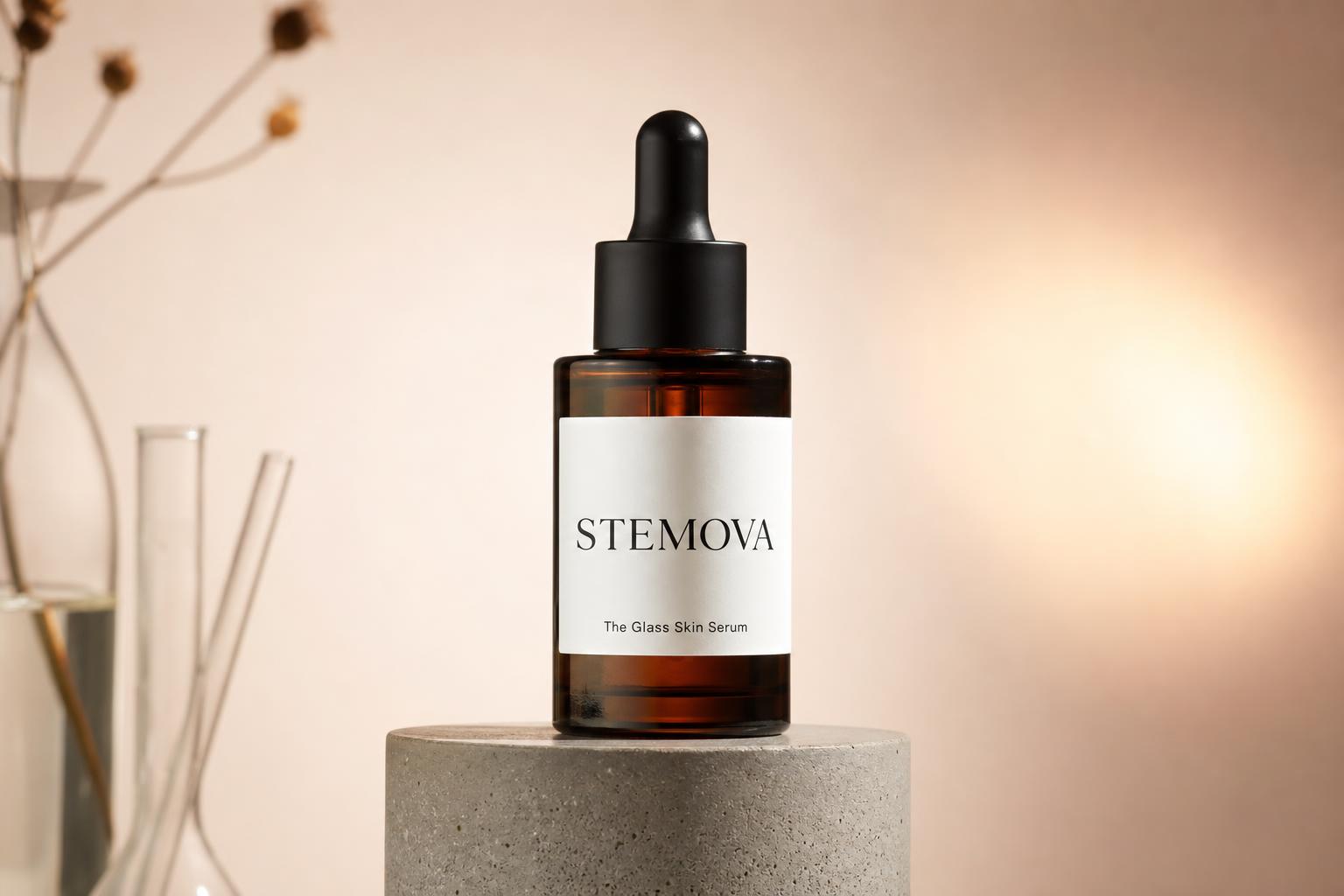 STEMOVA amber glass serum bottle on a concrete pedestal — clinical skincare